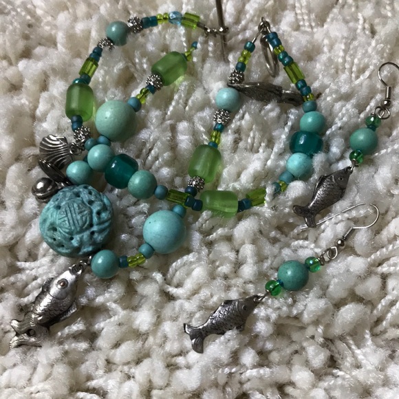 Turquoise & Glass Bead Chinese Silver Bracelet Set - Picture 7 of 9